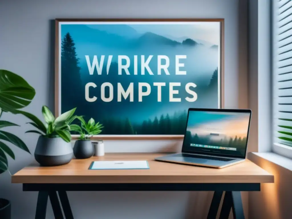 Espacio de trabajo zen con laptop y planta Un espacio de trabajo minimalista y sereno para emprendedores exitosos, con laptop, planta y cita de mindfulness en la pared