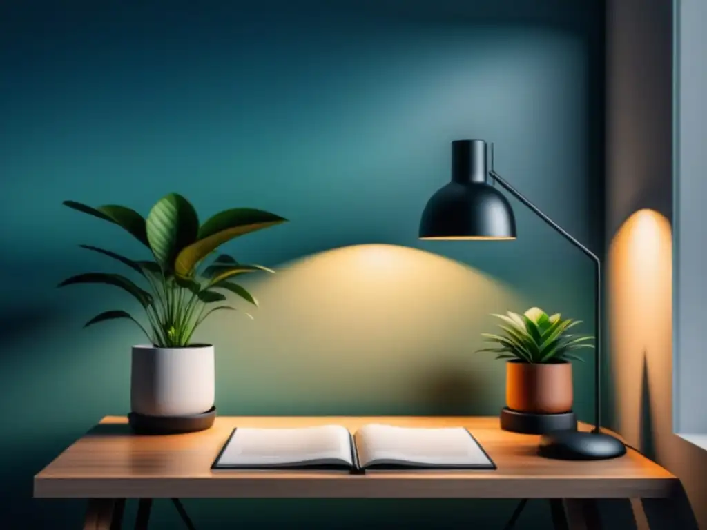 Workspace minimalista: tranquilidad y enfoque Un espacio de trabajo minimalista y sereno con una planta, lámpara y cuadro, ideal para técnicas de relajación después trabajo