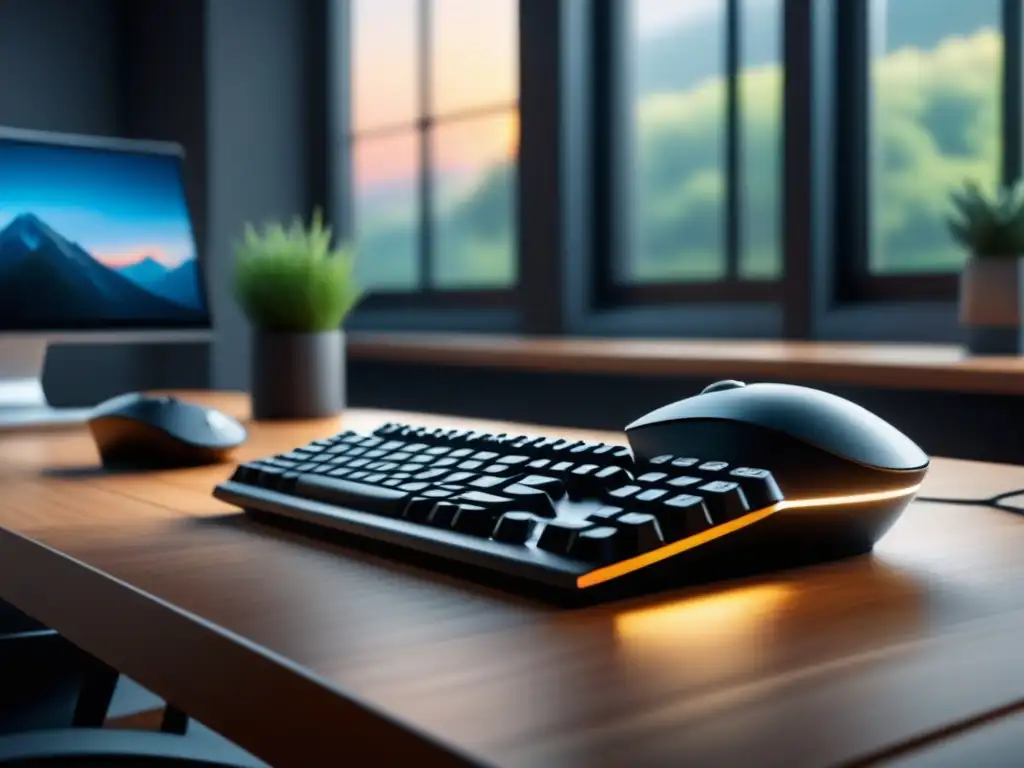 Workspace ergonómico: teclado y ratón en armonía Un espacio de trabajo minimalista con teclado y ratón ergonómicos para relax