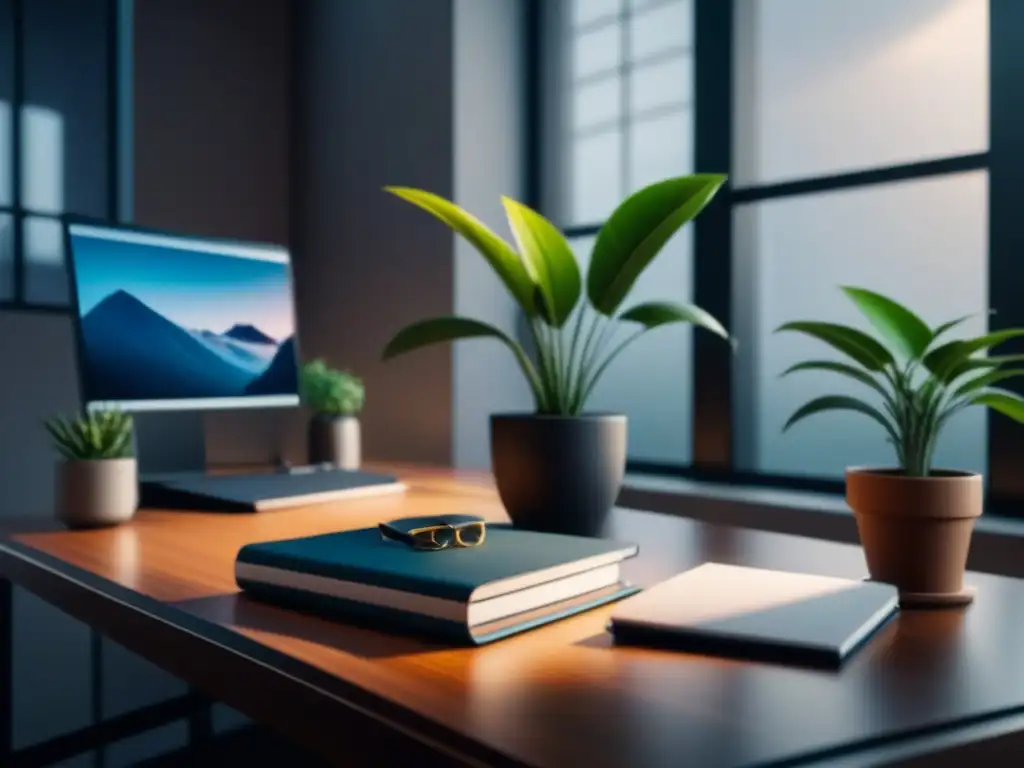 Escritorio minimalista: productividad y armonía en tu espacio de trabajo Un espacio de trabajo moderno y elegante con sistemas de organización para trabajar, iluminado por luz natural suave a través de una ventana