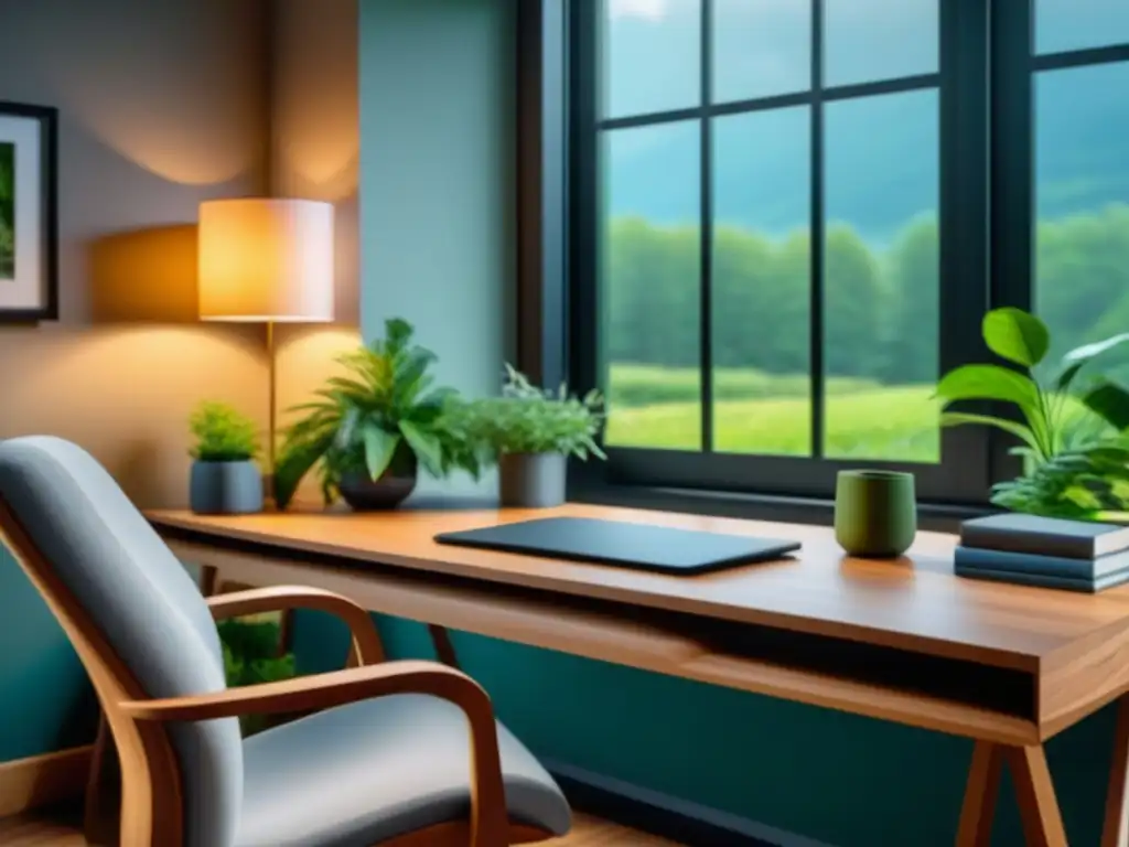 Oficina en casa serena y minimalista para descanso y rejuvenecimiento Espacio de trabajo sereno en casa con escritorio de madera, silla ergonómica y ventana con vista a jardín, ideal para Zonas de descanso en casa