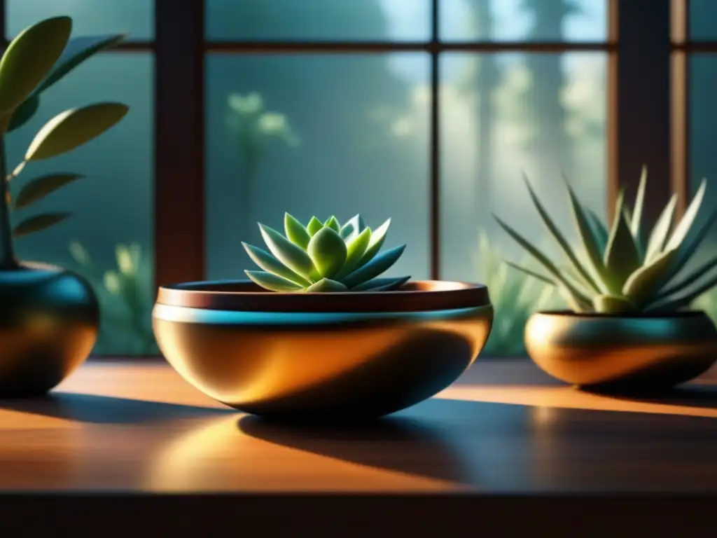 Espacio de trabajo sereno con cuenco tibetano: enfoque y tranquilidad Un espacio de trabajo sereno con un cuenco tibetano, reflejando luz natural