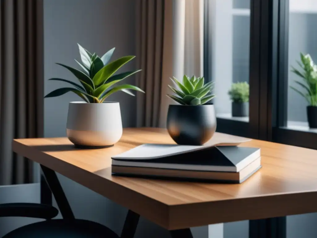 Oficina en casa minimalista con plantas y luz natural Un espacio de trabajo sereno con escritorio de madera clara, laptop plateado y planta en maceta blanca, iluminado por luz natural