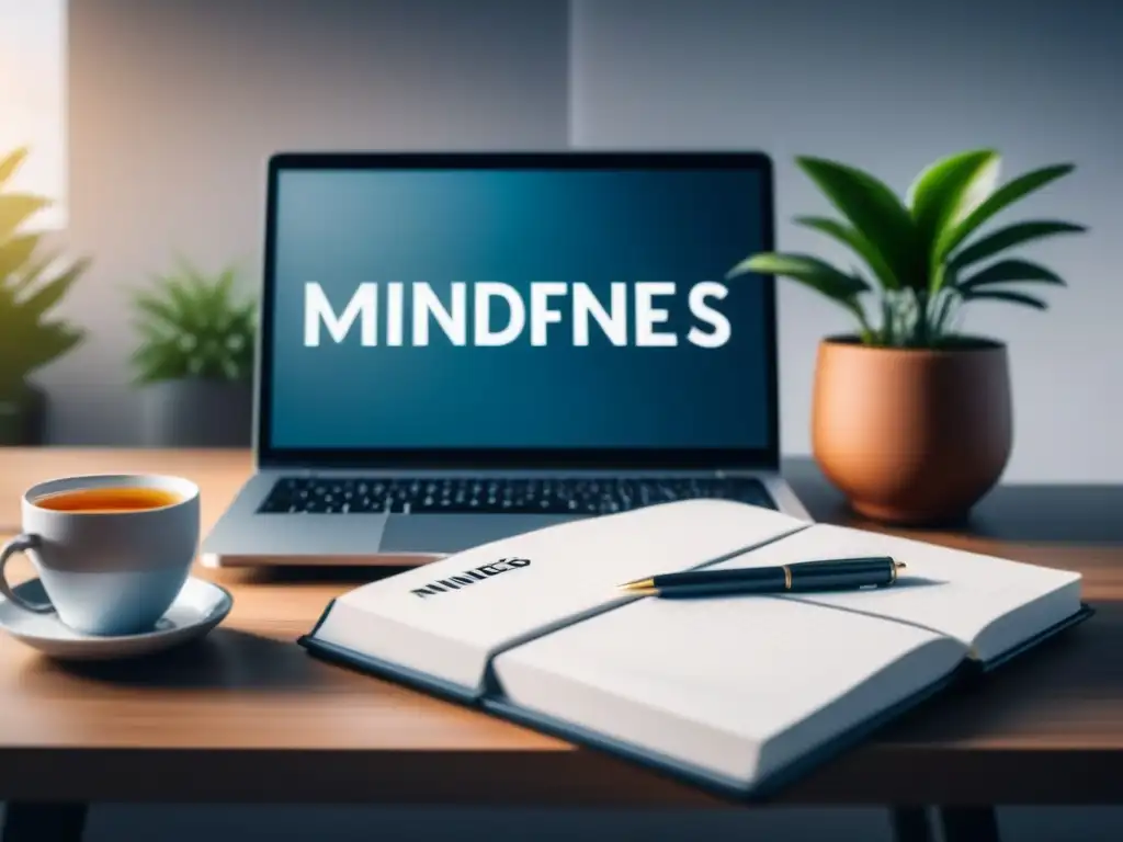 Escritorio sereno: Mindfulness en el Trabajo Espacio de trabajo sereno con laptop, planta, té y notepad con 'Beneficios del mindfulness en trabajo'
