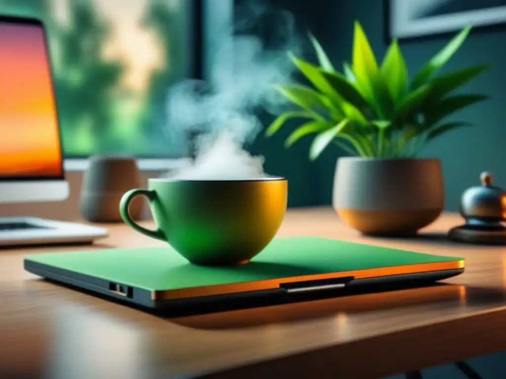 Escritorio minimalista para mindfulness con laptop y té verde Espacio de trabajo sereno con laptop, té verde, planta y campana de mindfulness