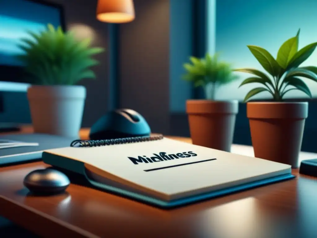 Escritorio zen: Mindfulness en el Trabajo Un espacio de trabajo sereno y minimalista que promueve los beneficios del mindfulness en trabajo