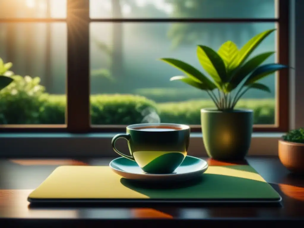 Espacio de trabajo sereno y minimalista con vista a jardín tranquilo Un espacio de trabajo sereno y minimalista con un escritorio elegante, una planta en maceta y una ventana grande con vistas a un jardín tranquilo