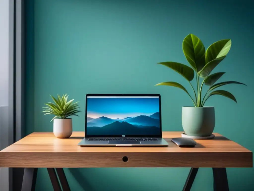 Espacio de trabajo zen con escritorio de madera y arte abstracto Un espacio de trabajo sereno y minimalista que inspira tranquilidad y enfoque, ideal para practicar mindfulness y mejorar la productividad creatividad