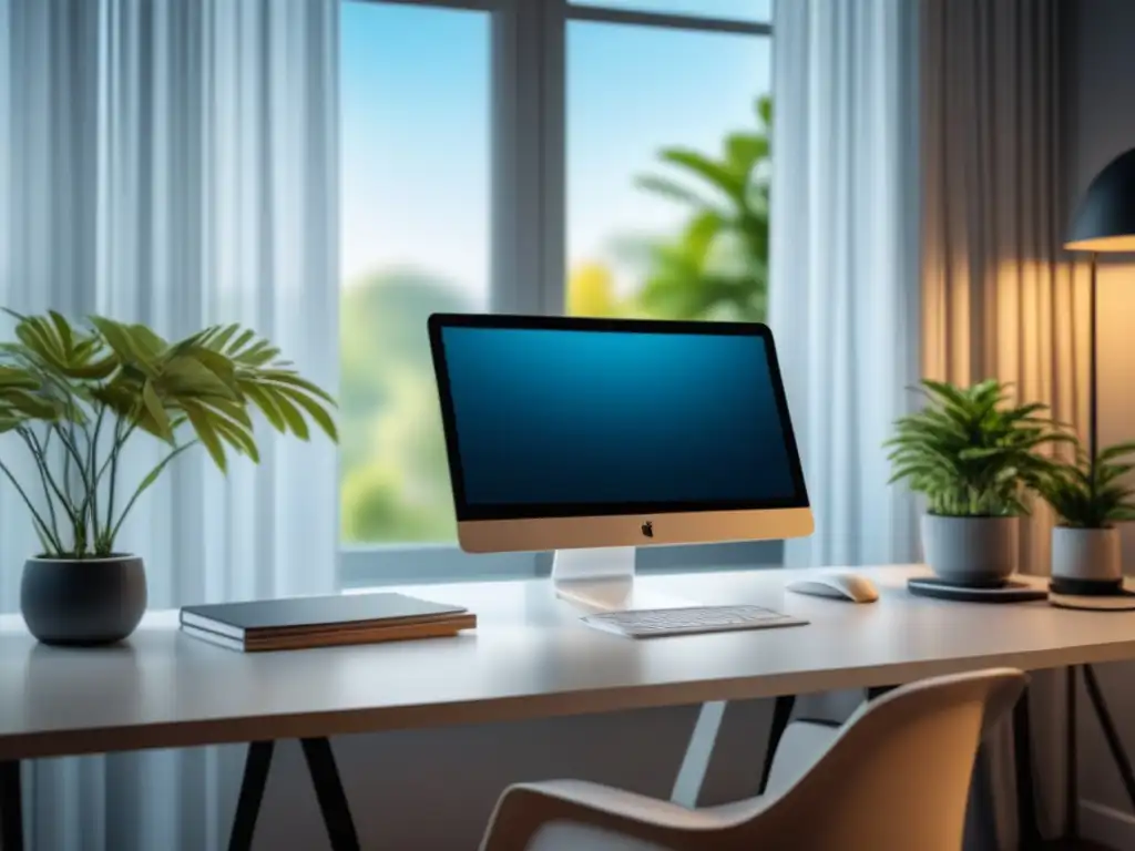 Espacio de trabajo sereno y minimalista con vista a jardín Un espacio de trabajo sereno y minimalista con un elegante escritorio blanco, una planta en maceta, una moderna computadora portátil y una elegante lámpara de escritorio que proyecta una cálida luz, todo ello frente a una gran ventana que revela una escena de jardín exterior pacífico con suave