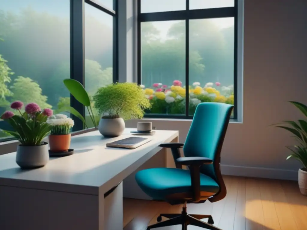 Un espacio de trabajo sereno y minimalista con técnicas de respiración para relajarse