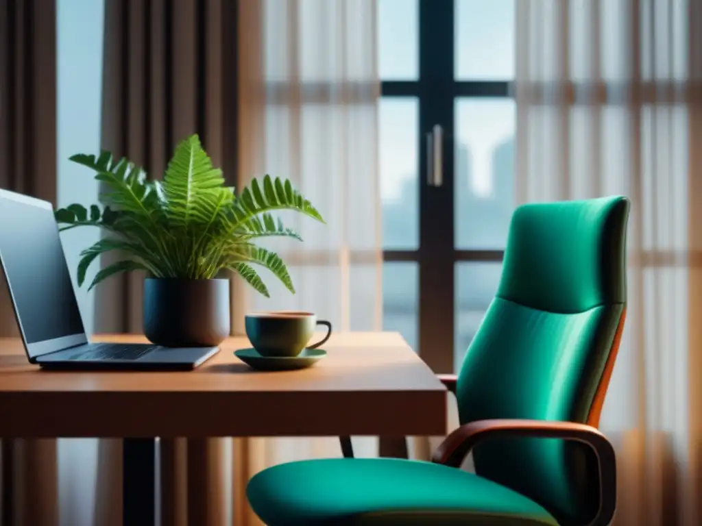 Espacio de trabajo sereno y minimalista con planta verde vibrante Un espacio de trabajo sereno y minimalista para mejorar productividad con sonidos