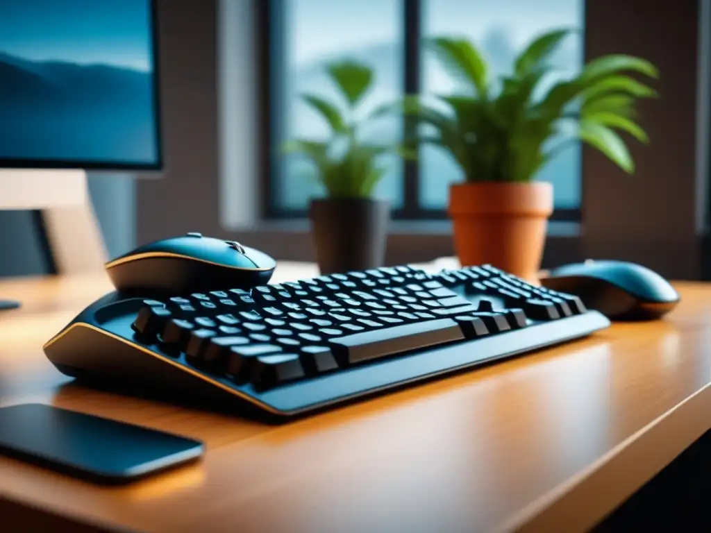 Espacio de trabajo ergonómico y sereno: productividad y relax Un espacio de trabajo sereno y minimalista con teclado y ratón ergonómicos para relax
