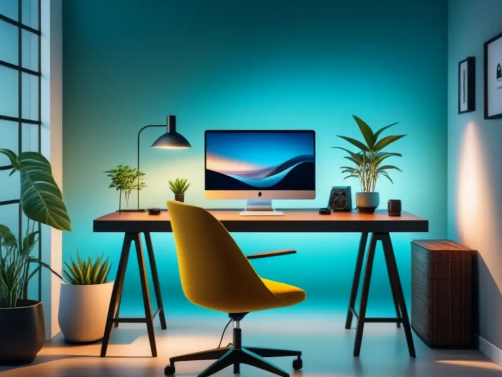 Oficina en casa minimalista para productividad y relajación Espacio tranquilo en casa con escritorio elegante, silla cómoda, plantas y suave iluminación ambiental, ideal para productividad y relajación