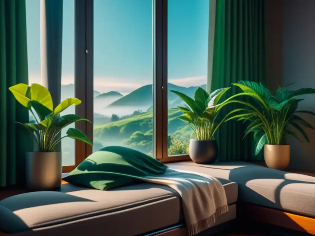 Espacio sereno y acogedor con plantas verdes para relajación Espacio tranquilo con plantas para relajación en casa: luz natural, plantas verdes y rincón de lectura acogedor