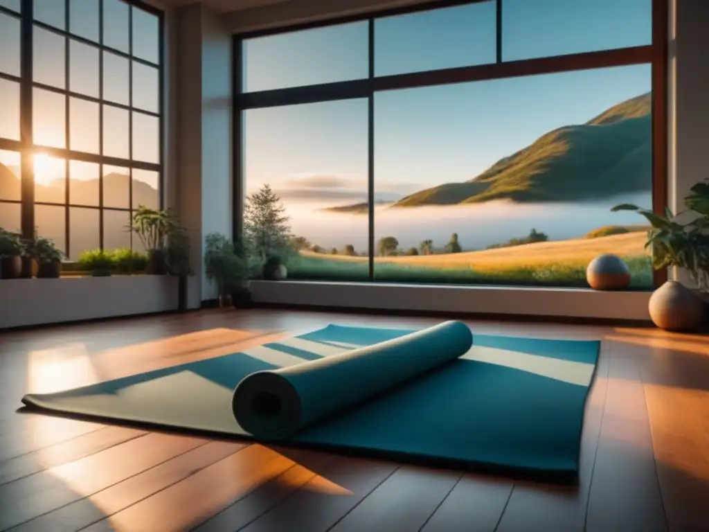Estudio de yoga en casa: amanecer sereno y minimalista Espacio de yoga matutino en casa con vista al amanecer