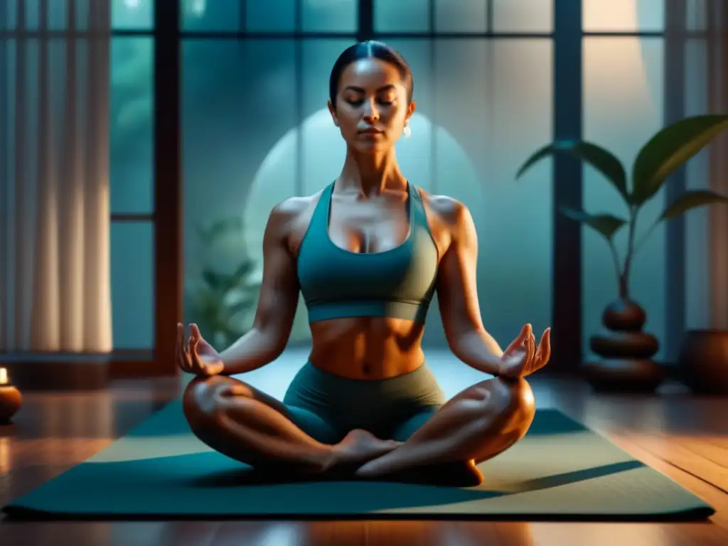 Espacio de meditación sereno y minimalista con yoga mat de lujo Un espacio de meditación y yoga sereno y minimalista con un kit de meditación y yoga de lujo en tonos suaves y neutros
