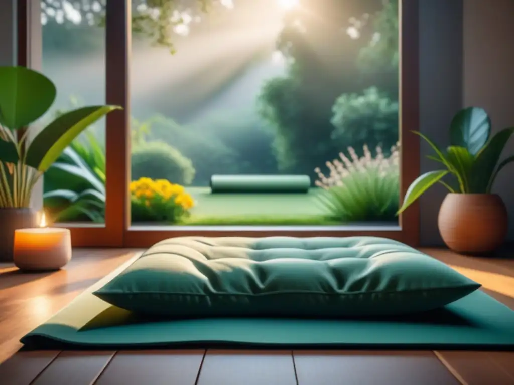 Espacio de meditación y paz en jardín sereno Espacio de meditación y yoga con vista a un jardín, transmitiendo paz y tranquilidad