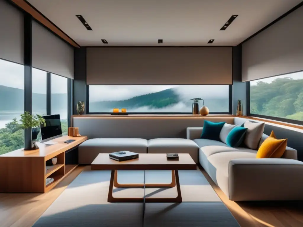 Diseño minimalista y funcional para sala de estar versátil Espacios multifuncionales diseño hogar: Sala minimalista con sofá cama convertible, escritorio elegante y almacenamiento integrado