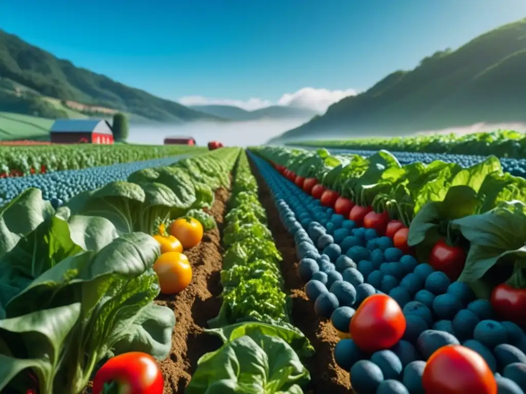 Huerto orgánico repleto de frescura y color Un espectacular campo orgánico lleno de frutas y verduras frescas bajo el sol