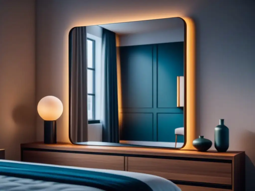 Espejo rectangular en dormitorio minimalista Un espejo grande y elegante cuelga en una pared blanca, reflejando luz cálida en un dormitorio minimalista