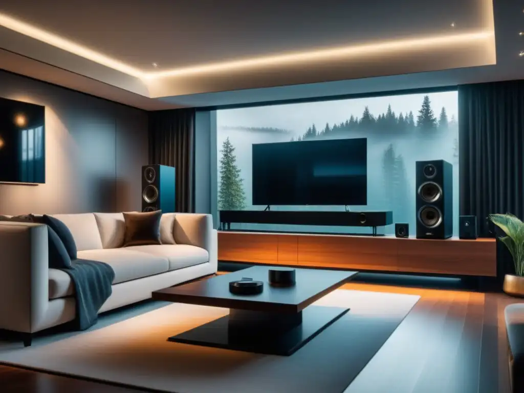 Estancia moderna con sistema de sonido de alta fidelidad integrado, elegante y minimalista