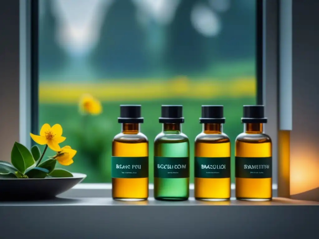 Baldosa minimalista con esencias florales Un estante de baño sereno con esencias de Flores de Bach para relajación, iluminado por luz natural