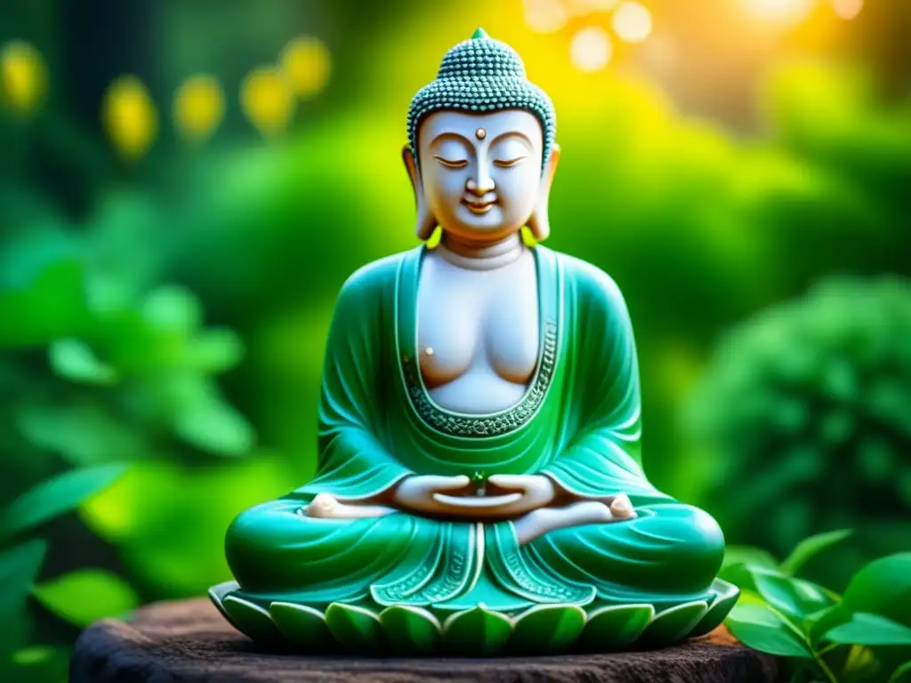 Estátua de Buda esculpida en jade, serena y luminosa en jardín verde Estátua de Buda de jade en jardín verde, iluminada por luz cálida