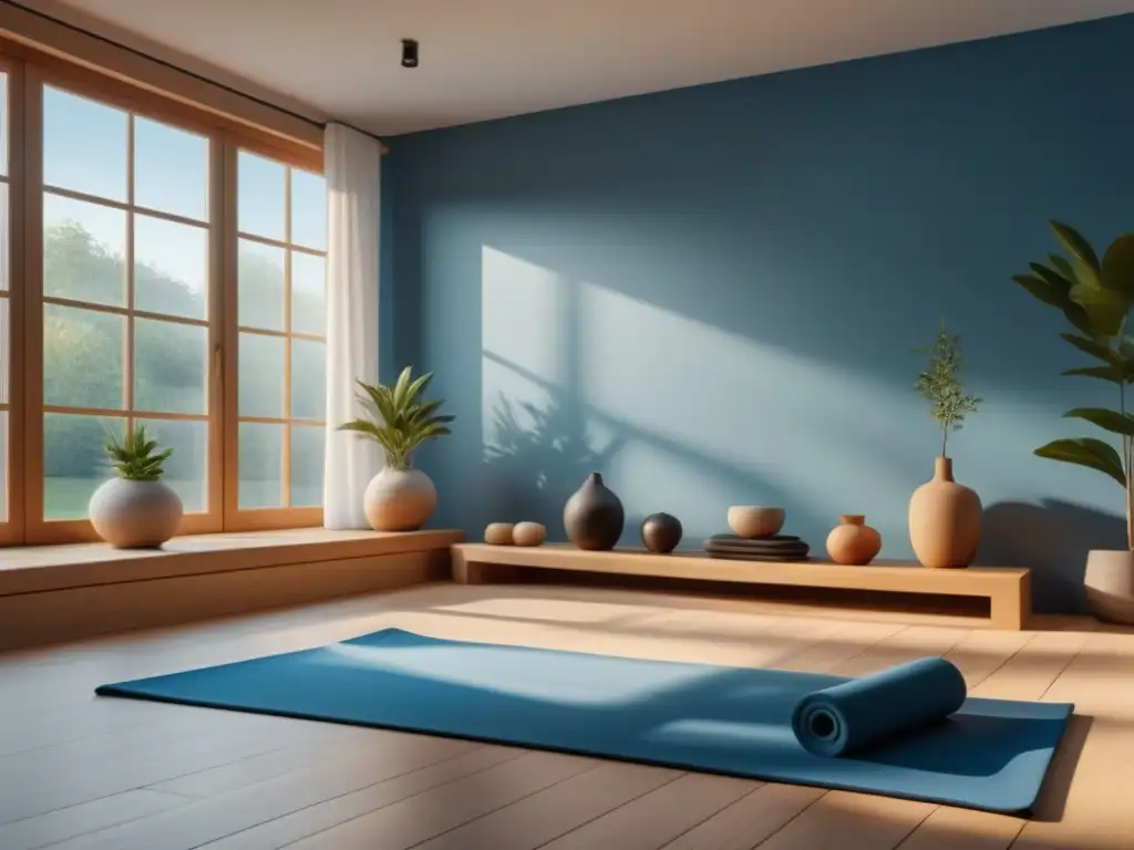 Estudio de yoga minimalista y sereno en casa para relajación Estudio de yoga en casa: ambiente sereno con luz natural, suelo de madera y accesorios de yoga organizados