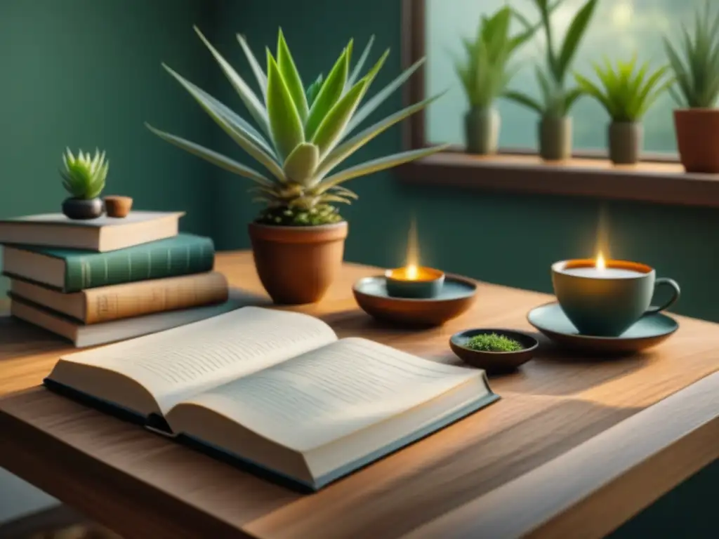 Estudio en casa: armonía natural y paz interior Estudio en casa sereno con plantas curativas: escritorio de madera, libros sobre fitoterapia, aloe vera y té herbal