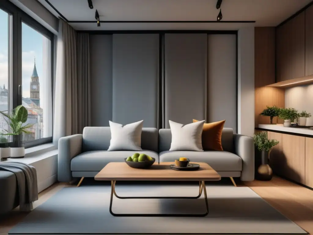Estudio moderno con sofá cama convertible en mesa de comedor elegante Un estudio minimalista con muebles multifuncionales, ideal para espacios pequeños, crea un ambiente relajante