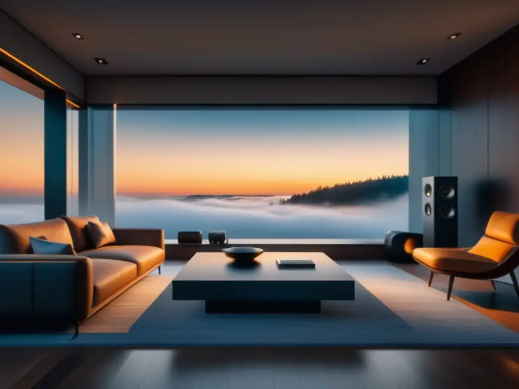 Estudio moderno con sonido ambiental de alta fidelidad integrado, elegante y sofisticado en tonos neutros