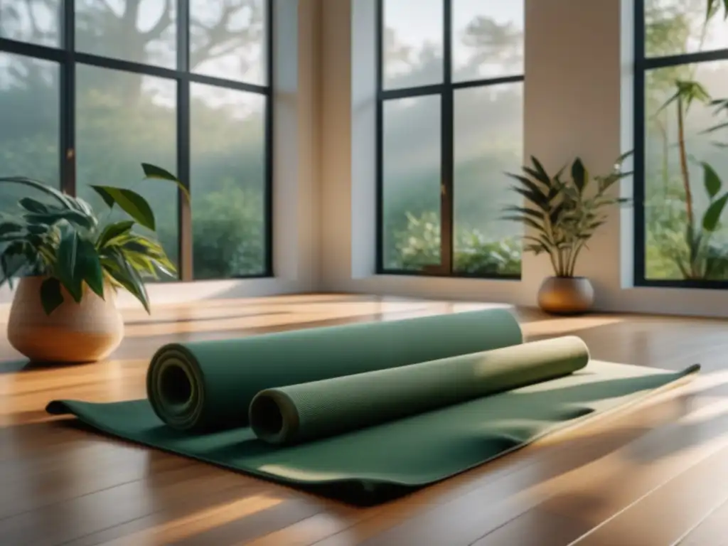 Estudio de yoga sereno con luz natural y plantas Un estudio de yoga sereno, iluminado por luz natural, con plantas verdes y velas aromáticas para mejorar práctica yoga