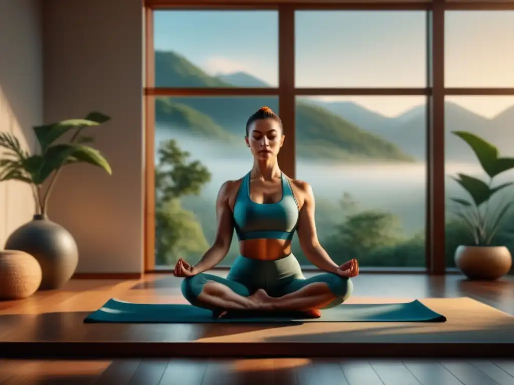 Estudio de yoga de lujo al amanecer: kits elegantes y serenidad Un estudio de yoga sereno al amanecer con kits de meditación y yoga de lujo en estantes de madera minimalistas