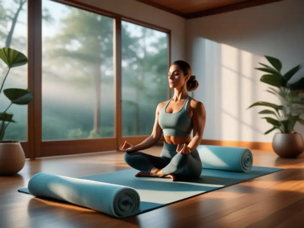 Estudio de yoga sereno con paleta de colores minimalista Un estudio de yoga sereno con toallas de yoga para prácticas intensas