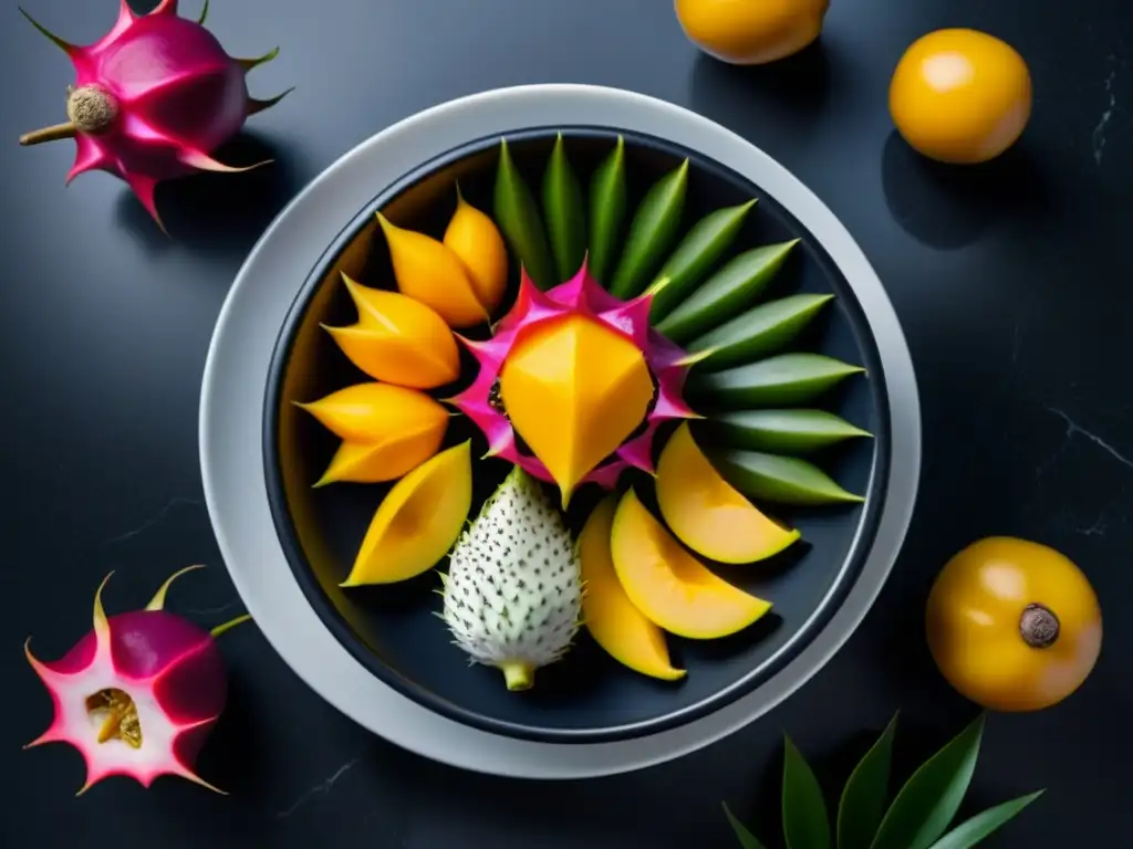 Exótica y vibrante composición de frutas tropicales en bol de porcelana blanca Deléitate con una exótica mezcla de frutas tropicales y superalimentos en un elegante tazón de porcelana blanco sobre mármol negro