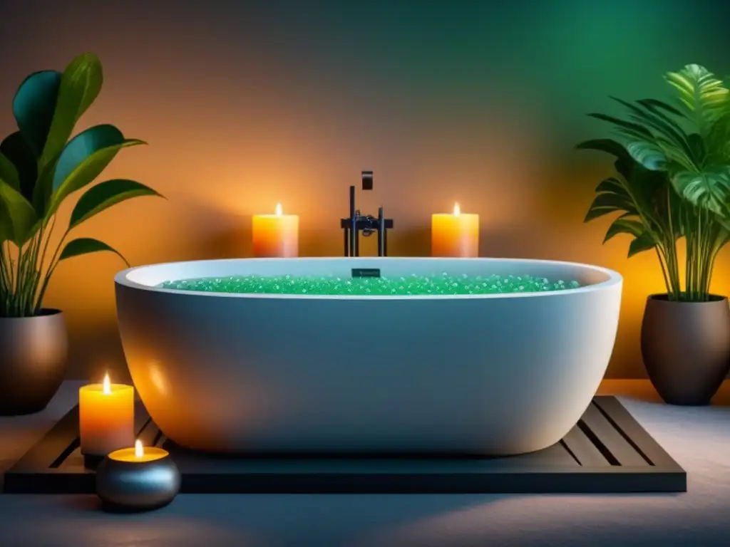Experiencia de spa relajante en casa: bañera moderna, burbujas y velas Experiencia de spa casero para una piel radiante: bañera elegante rebosante de burbujas con velas y plantas verdes
