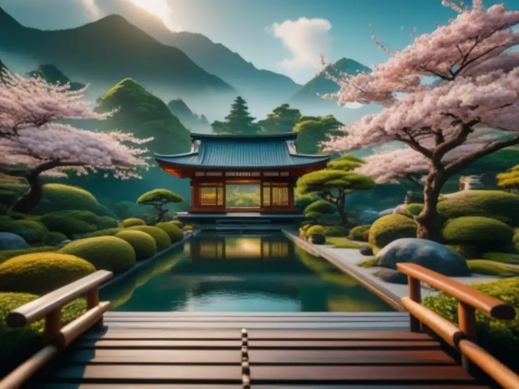Jardín japonés virtual: serenidad y belleza en detalle Experiencias de meditación en VR: Jardín japonés con cerezos en flor, estanque de peces koi y pabellón de madera en la montaña neblinosa