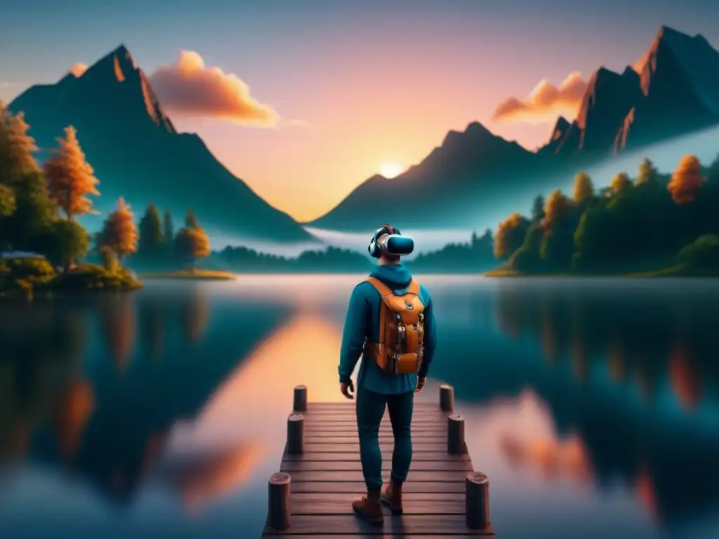 Majestuoso atardecer en realidad virtual Experiencias de meditación en VR: paisaje sereno con lago cristalino, puesta de sol vibrante, naturaleza exuberante y montañas altas al fondo