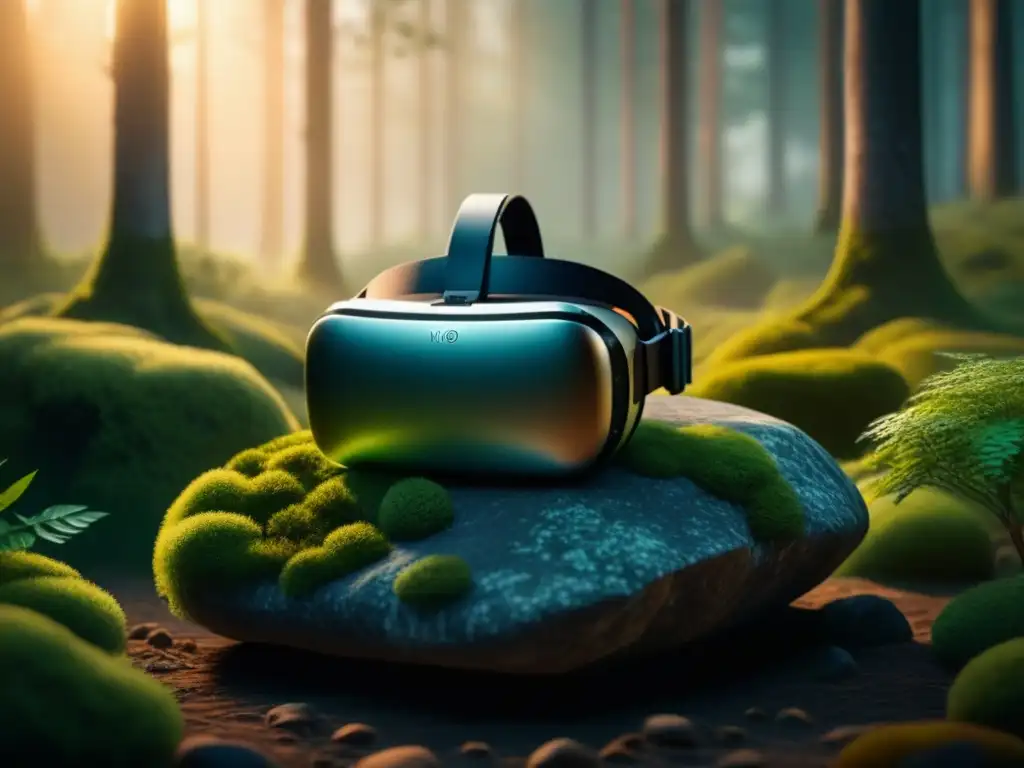 Entorno de meditación en realidad virtual: headset en bosque sereno Experiencias de meditación en VR: Bosque sereno con mariposas y auriculares de realidad virtual en la naturaleza