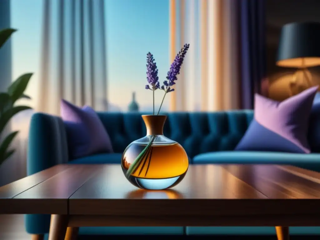 Difusor de aceites esenciales en sala elegante con luz natural Exquisita difusión de aceites esenciales en elegante sala diseñada para relajación con beneficios de aromaterapia diseñador