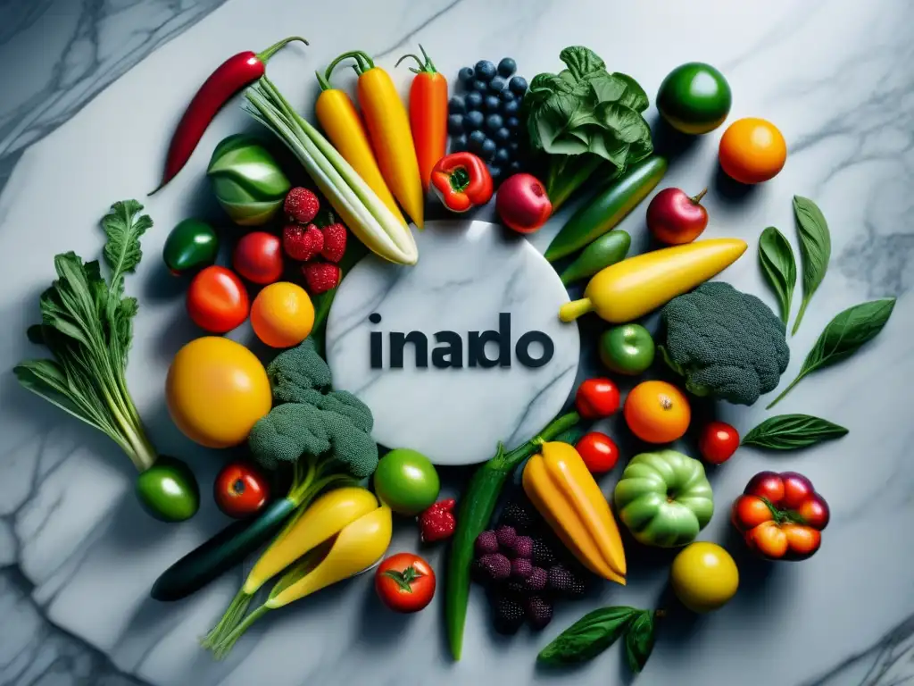 Arcoíris de alimentos frescos en mármol moderno Una exquisita composición de alimentos curativos personalizados salud, frutas y verduras vibrantes en un elegante mostrador de mármol