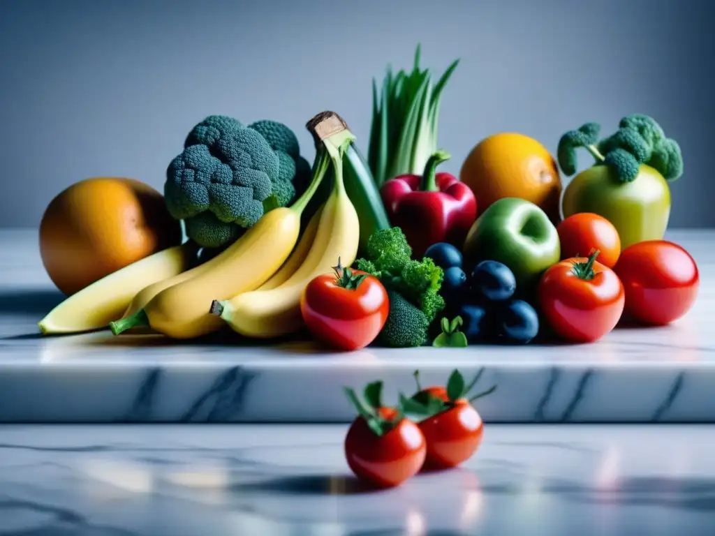 Exquisita variedad de frutas y verduras frescas en mármol blanco Una exquisita composición de frutas y verduras frescas en un elegante mostrador de mármol blanco