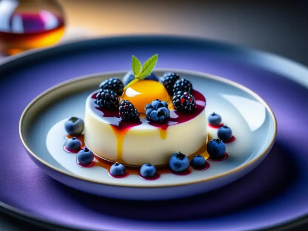 Exquisita panna cotta de lavanda con bayas frescas y miel Exquisita panna cotta de lavanda con bayas y miel, rodeada de vainas de vainilla y flores de lavanda