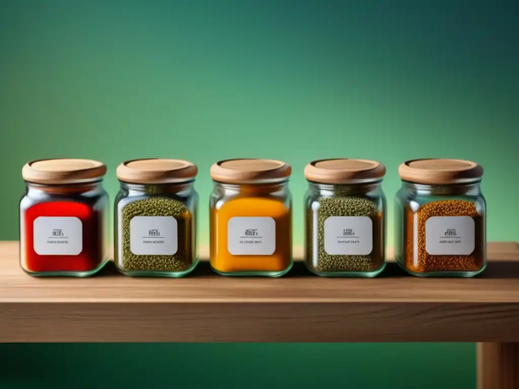 Exquisita colección de especias y hierbas en frascos de vidrio Una exquisita selección de especias y hierbas coloridas en frascos de vidrio sobre una estilizada repisa de madera