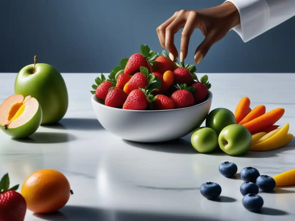 Delicias Naturales: Selección de Frutas y Verduras Coloridas en Mármol Una exquisita selección de frutas y verduras frescas en un mostrador de mármol blanco