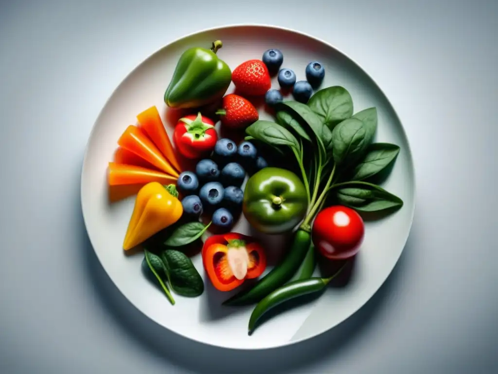 Deliciosos antioxidantes: Frutas y verduras vibrantes para tu bienestar Exquisita variedad de alimentos antioxidantes en un plato blanco, resaltando beneficios para el estado mental