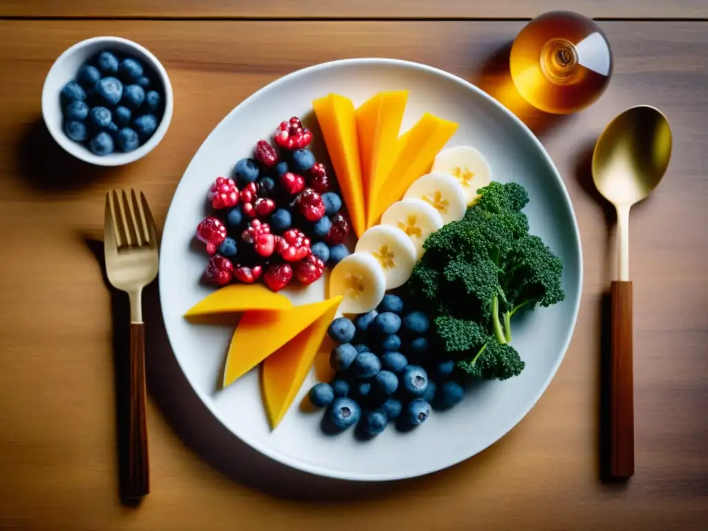 Plato saludable: superalimentos vibrantes en composición exquisita Una exquisita variedad de superalimentos coloridos, frescos y vibrantes en un elegante plato blanco sobre una mesa rústica de madera