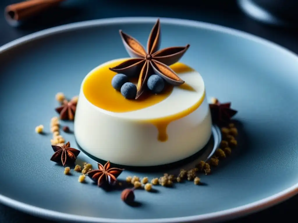 Deliciosa Panna Cotta Especiada: Elegancia en Blanco y Negro Un exquisito postre con especias antiestrés: Panna Cotta de Especias Chai, elegantemente decorado en blanco y negro