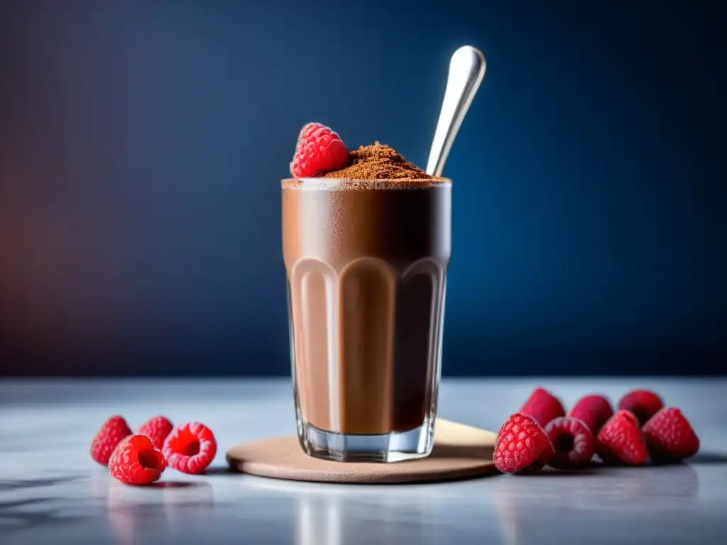 Batido de chocolate cremoso con frambuesas frescas Un exquisito smoothie de chocolate con frambuesas, cacao y cuchara de plata en encimera de mármol