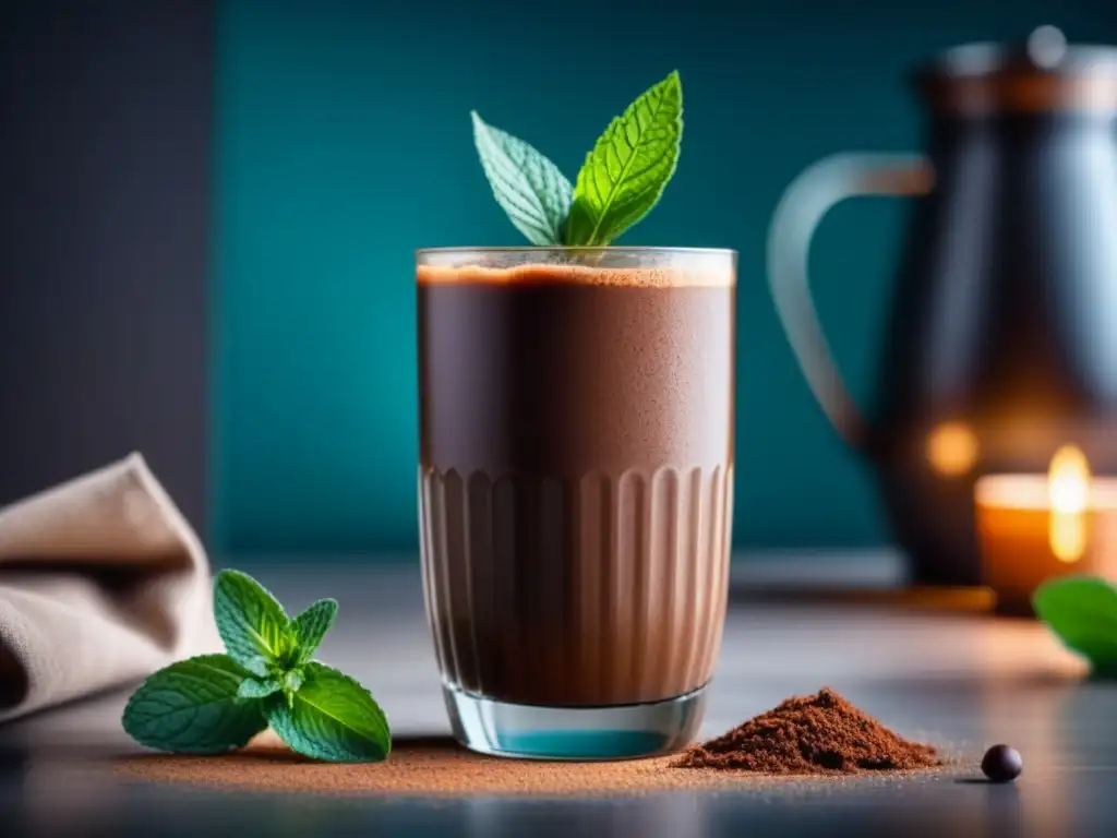 Deliciosa batido de chocolate con menta en vaso transparente Un exquisito smoothie de chocolate en un vaso elegante, decorado con cacao y menta, en un ambiente relajante en casa